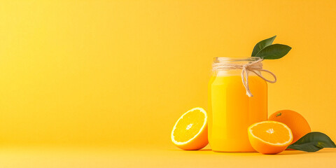 Orange Juice in Mason Jar with Orange Halves and Leaves on Yellow Background