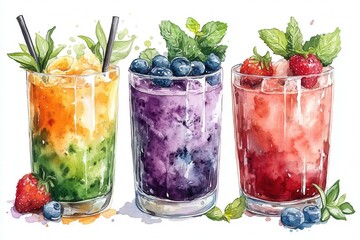 Three colorful, refreshing drinks with fruits and mint leaves, ideal for summer enjoyment.