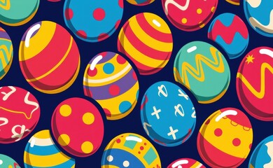 Obraz premium A vibrant arrangement of colorful Easter eggs nestled in a geometric pattern, forming a cheerful and festive background.