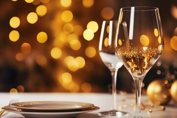 Glasses of sparkling wine stand ready on a christmas table setting with warm bokeh lights, creating a festive atmosphere
