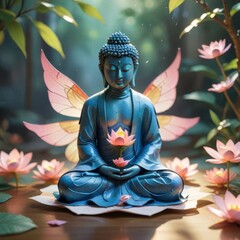 Obraz premium Serene Buddha Surrounded by Lotus Flowers and Wings