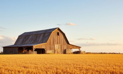 Rustic barn at sunset in golden wheat field