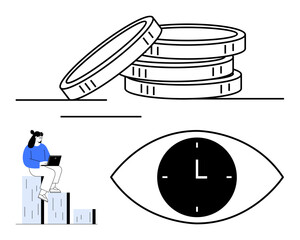 Stacked coins imply savings woman working with graphs shows data analytics clock in eye symbolizes time efficiency. Ideal for finance, productivity, investment, time management, growth strategy