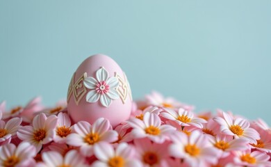 A single, beautifully decorated Easter egg nestled amidst a bed of vibrant pink daisies, creating a cheerful and festive springtime scene.