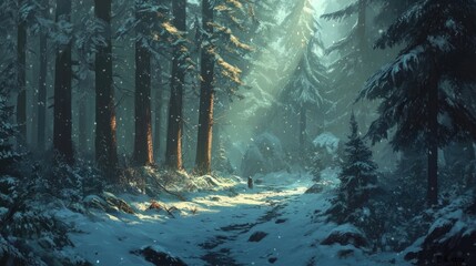 A dense forest in winter where tall evergreens stand in perfect stillness, their branches drooping under the weight of fresh snow.