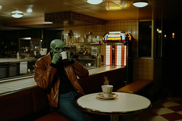 A green-skinned alien dressed in a brown jacket sits at a table in a nostalgic diner, sipping coffee from a cup and exuding an unusual yet relaxed vibe amidst vintage decor.