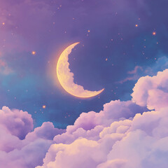A whimsical pastel illustration of a crescent moon hanging in a lavender sky