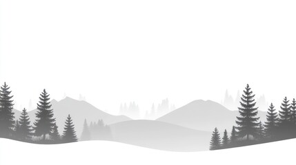 Foggy gray landscape with soft outlines of trees, serene atmosphere