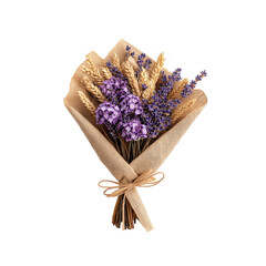A bouquet featuring lavender and golden wheat, elegantly wrapped and tied with twine, isolated on white background