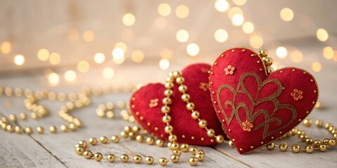 Fototapeta premium Heart Decorations with Golden Beads and Lights