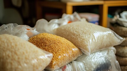Packaged Grains in Clear Plastic Bags on a Shelf