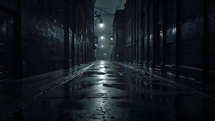 Fototapeta premium Dark, rainy alley with puddles reflecting dim street lights in a somber, eerie atmosphere