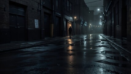 Fototapeta premium Lonely figure walking in a dark, rainy alley with reflections and dim street lights at night