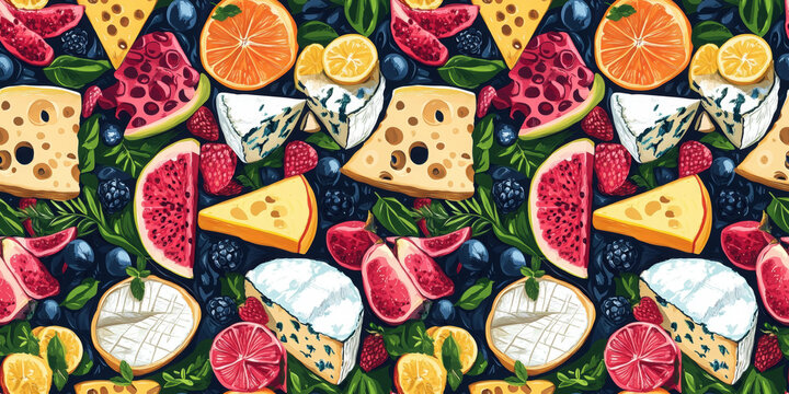 A seamless illustration and playful cheese pattern featuring cheese holes and textures, creating a whimsical background for food enthusiasts.
