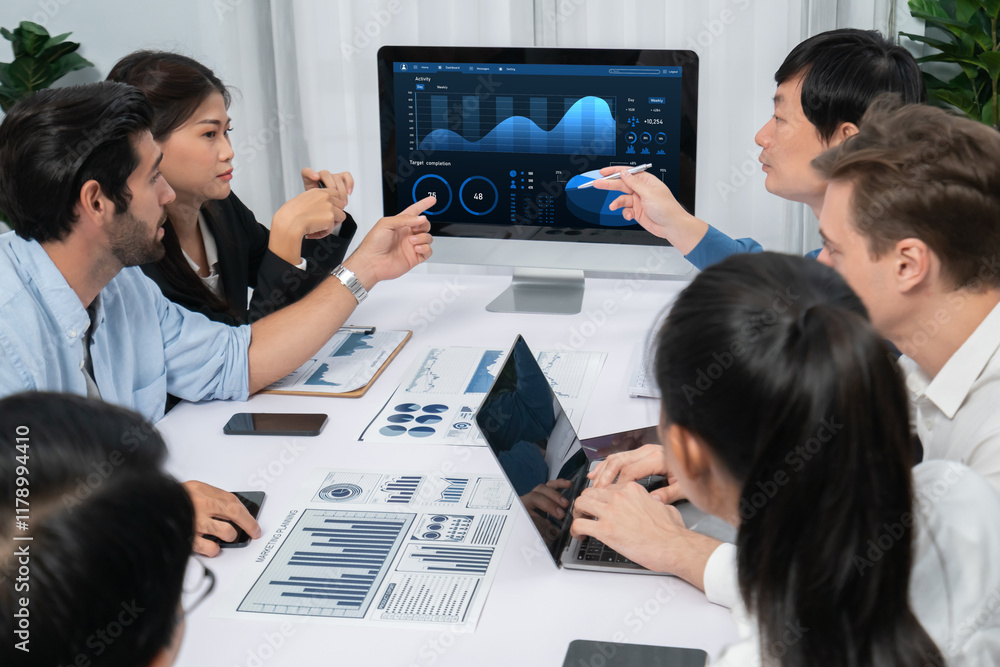 Leinwandbilder analyst team utilizing bi fintech to analyze financial data at table in meeting room. businesspeople