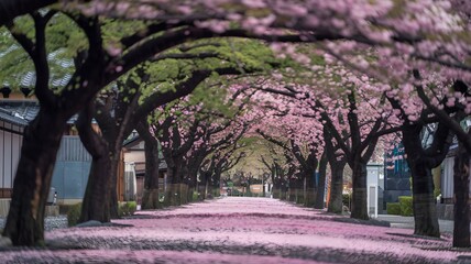 Obraz premium Close-up view of blooming pink flowers on a street background. Spring concept. For banner, design, poster, social media, blog, cover, thumbnail, presentation, youtube, linkedin