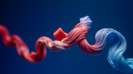 Fototapeta premium Abstract swirling strands of vibrant coral and blue hues against a deep blue background. A dynamic and colorful composition.