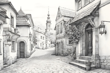 Vivid HB Pencil Sketch Illustrating Old Town Street with Traditional Architecture