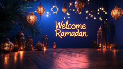 Ramadan greeting with lanterns and stars.