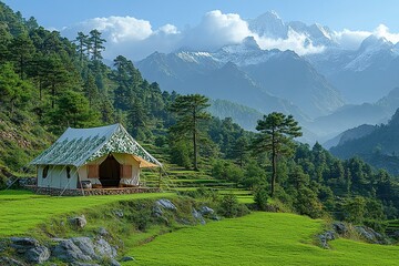 Fototapeta premium Serene Mountain Tent Camp nestled in a lush valley