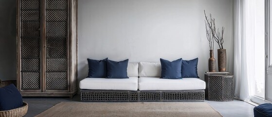 Generative AI, Modern Romanesque-style living room with a perforated metal modular sofa, denim wardrobe, and minimalist decor