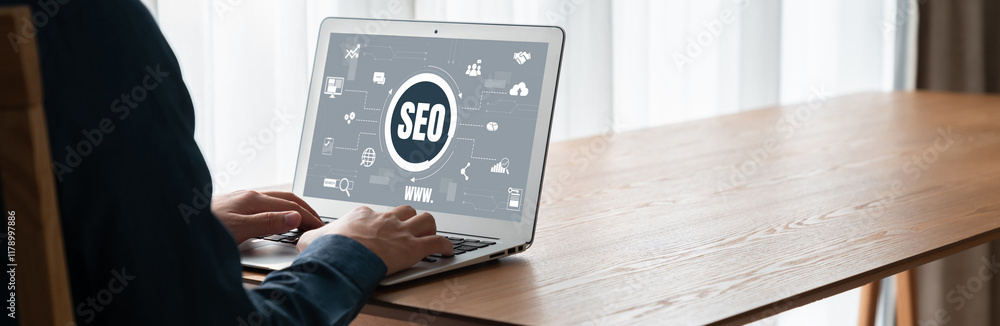 Poster seo search engine optimization for modish e-commerce and online retail business showing on computer 