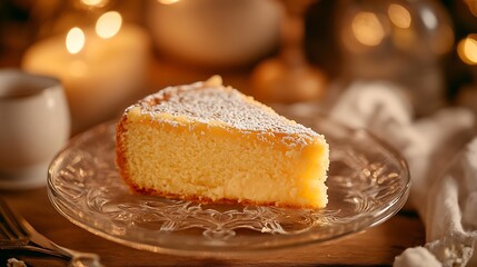 A slice of rich butter cake resting on an elegant glass plate surrounded by a warm ambiance