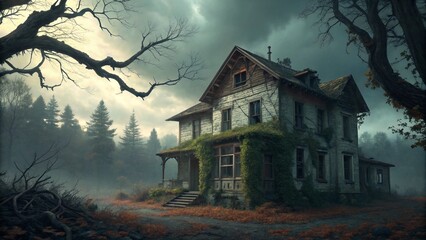 Abandoned Victorian mansion, spooky atmosphere, foggy forest background, moonlit night, bare twisted trees, eerie green glow, haunted house, overgrown path, gothic architecture, weathered wood, broken