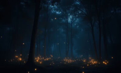 Enchanted forest with glowing fireflies at dusk