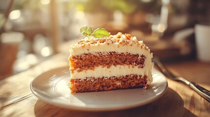 A slice of fluffy carrot cake resting on a wooden table lighted by soft golden light
