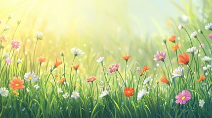 A peaceful spring meadow, with fresh grass and a variety of blooming flowers swaying in the breeze