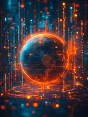 Obraz premium A 3D holographic globe surrounded by glowing data points and interactive lines. 