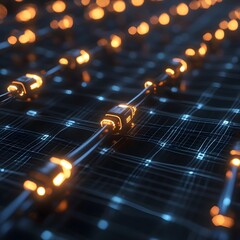 A 3D illustration of a blockchain transaction visualized with glowing nodes.