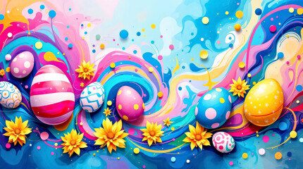 Fototapeta premium Colorful Easter Eggs and Flowers on Vibrant Abstract Background