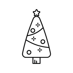 Chtristmas tree decorated with round toys and christmas lights with star on top isolated on background. Hand drawn vector sketch illustration in doodle engraved vintage line art style