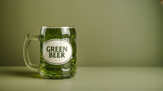 Green beer concept featuring a glass mug  filled with beer on a soft green background, copy space