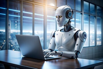 Futuristic Robot Using Laptop in High Tech Office