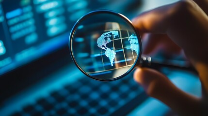 A hand holding a magnifying glass over a digital map of the Americas on a laptop screen.