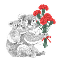 カーネーションを持ったコアラの親子