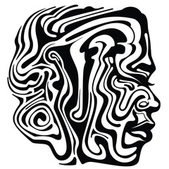 Abstract black and white face with wavy, intertwining lines.
