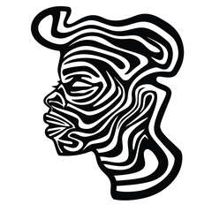 Abstract black and white face with wavy, intertwining lines.