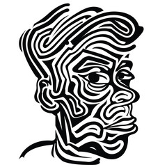 Abstract black and white face with wavy, intertwining lines.