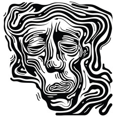 Abstract black and white face with wavy, intertwining lines.
