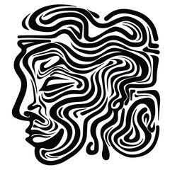 Abstract black and white face with wavy, intertwining lines.