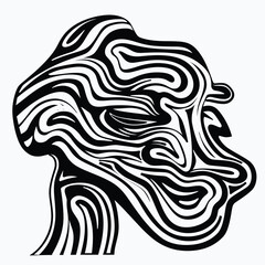 Abstract black and white face with wavy, intertwining lines.