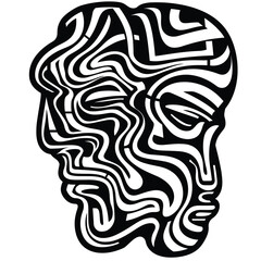 Abstract black and white face with wavy, intertwining lines.