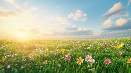 Obraz premium A panoramic view of a sunny spring meadow, with wildflowers in various colors scattered across lush green grass, bathed in soft sunlight