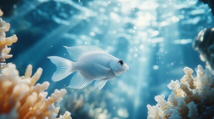 Obraz premium Fish population recovery visualized through surreal aquatic sanctuaries guarded by radiant sea guardians among luminous corals