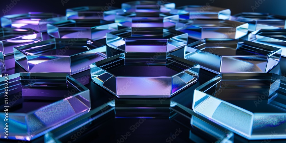 Poster a close-up of multiple hexagonal glass plates, each with a different color gradient and light reflec