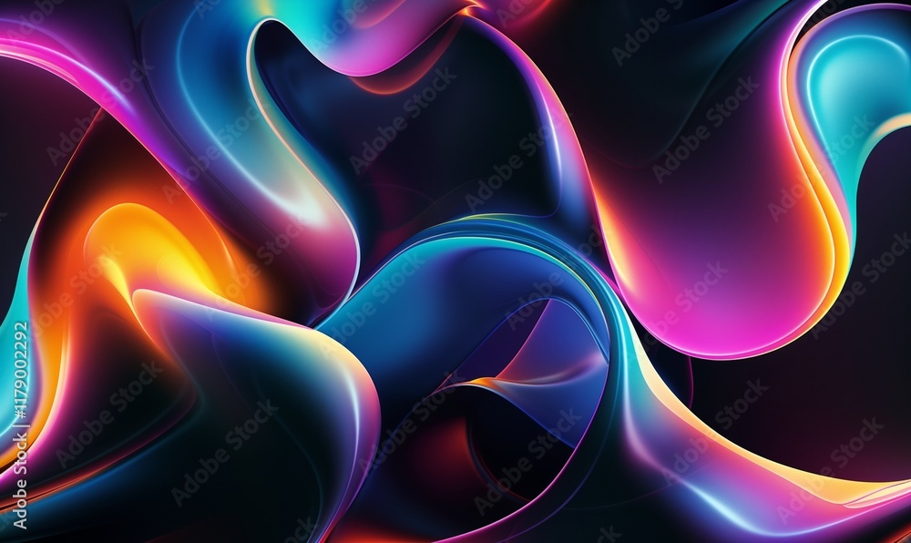 Poster 3d render, abstract background with colorful shapes and fluid lines on a black background.